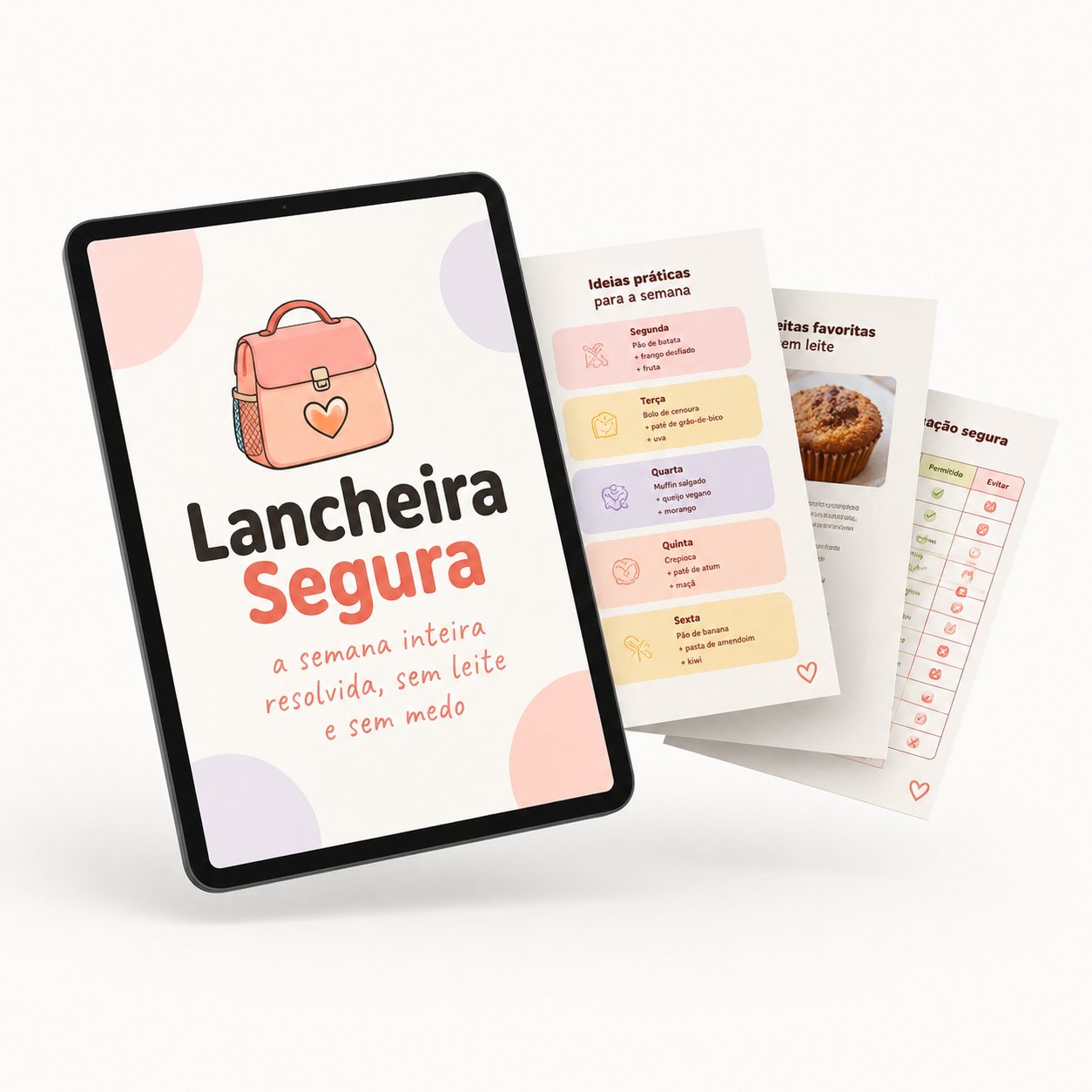 Guia Lancheira Segura exibido em tablet com páginas de receitas sem leite