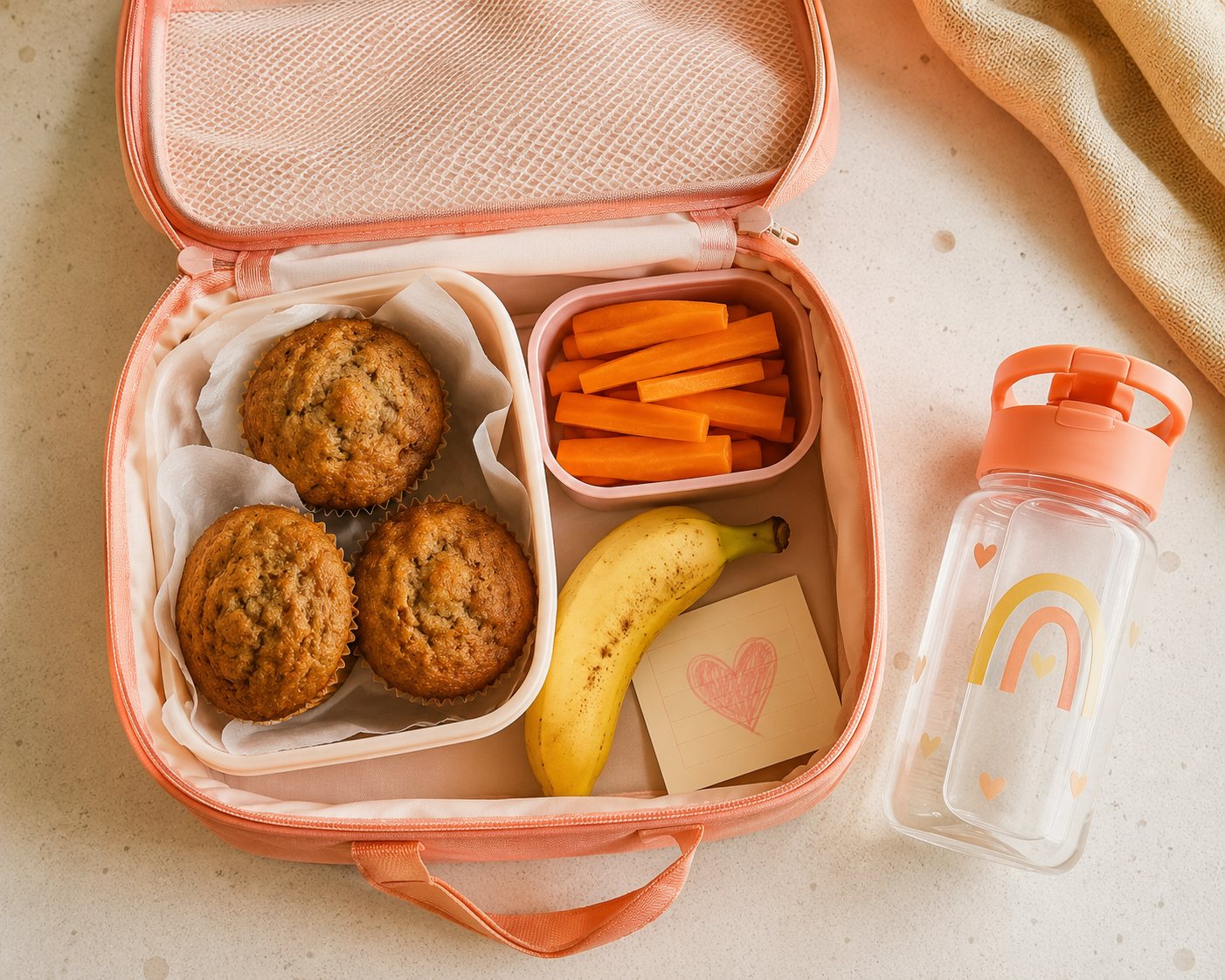 Lancheira infantil aberta com muffins caseiros, banana, cenoura e bilhete com coração