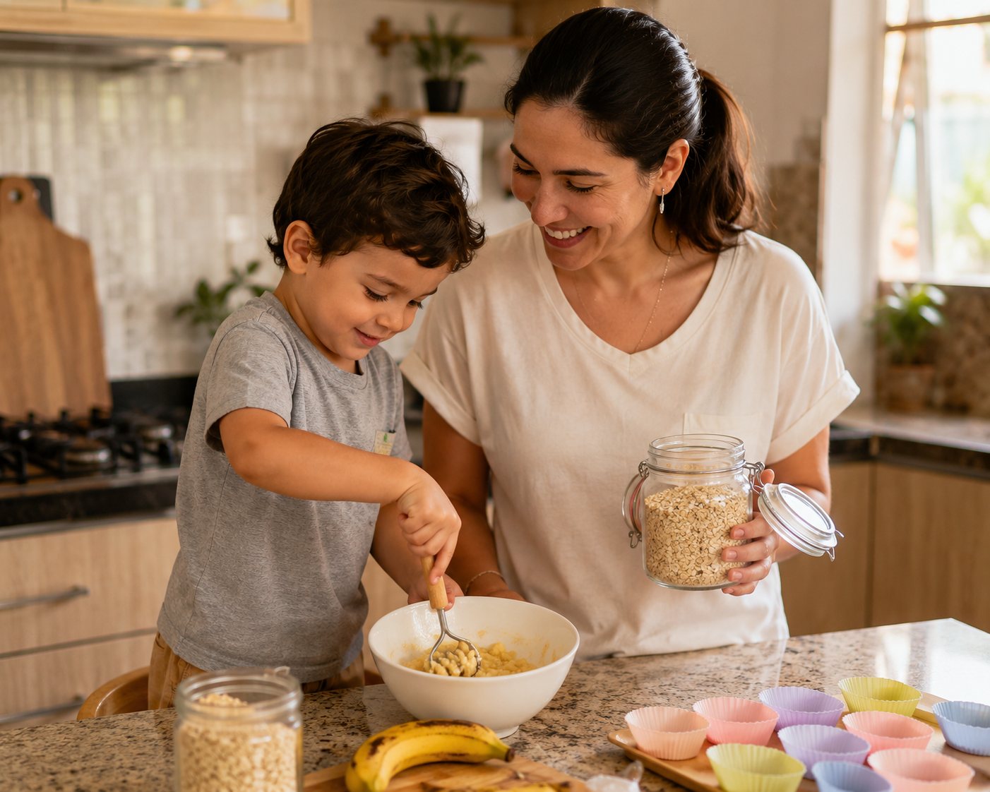 Mãe e filho preparando receita sem leite juntos na cozinha durante as férias