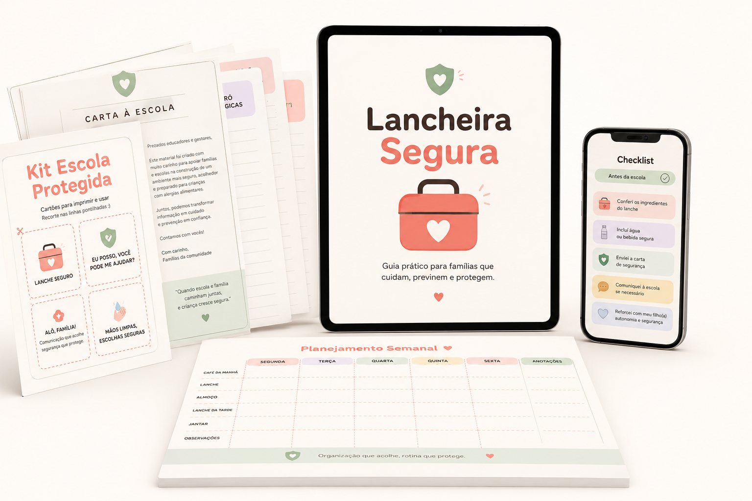 Todos os materiais do Lancheira Segura: guia digital, kit escola impresso, checklist e planner semanal